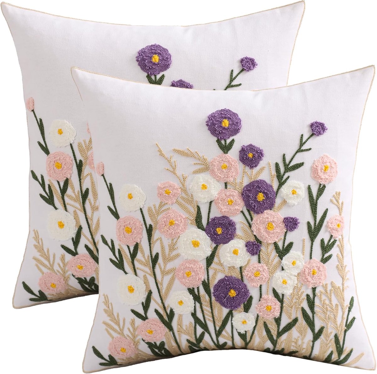 Tosleo Kussenhoezen, 2 stuks, roze, paars, bloemen, 45 x 45 cm, lentetuin, katoen, borduurwerk, kussenhoes, kussen - ShopVlot