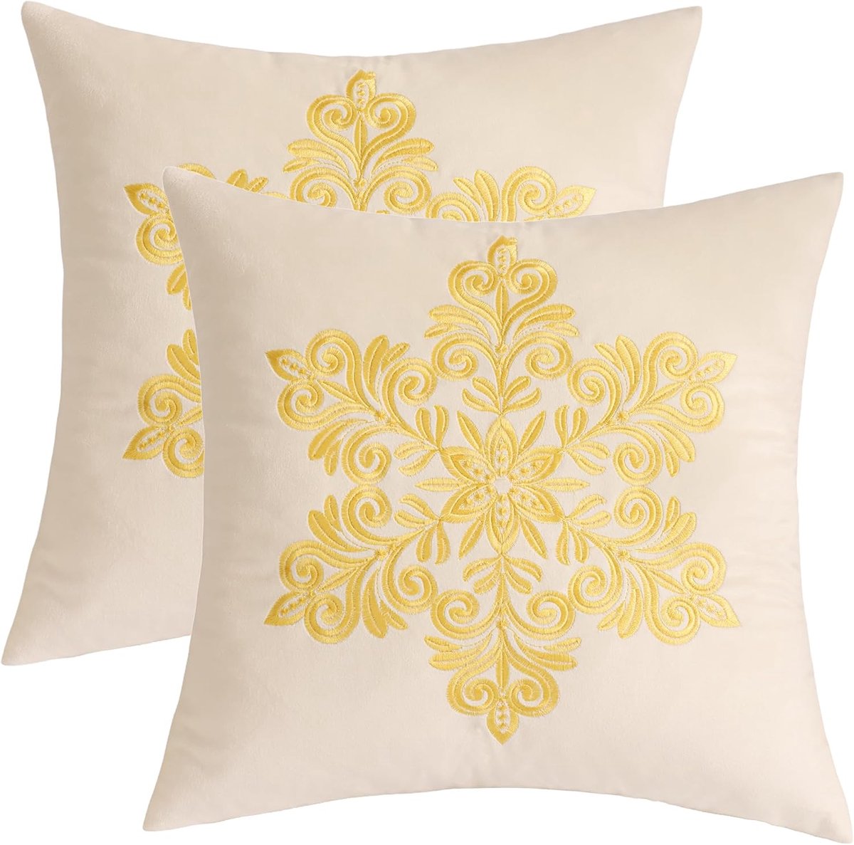 Tosleo Set of 2 Velvet Cushion Covers, Christmas Decorative Cushion Covers, 45 x 45 cm, Beige Embroidery, Snowflakes - ShopVlot
