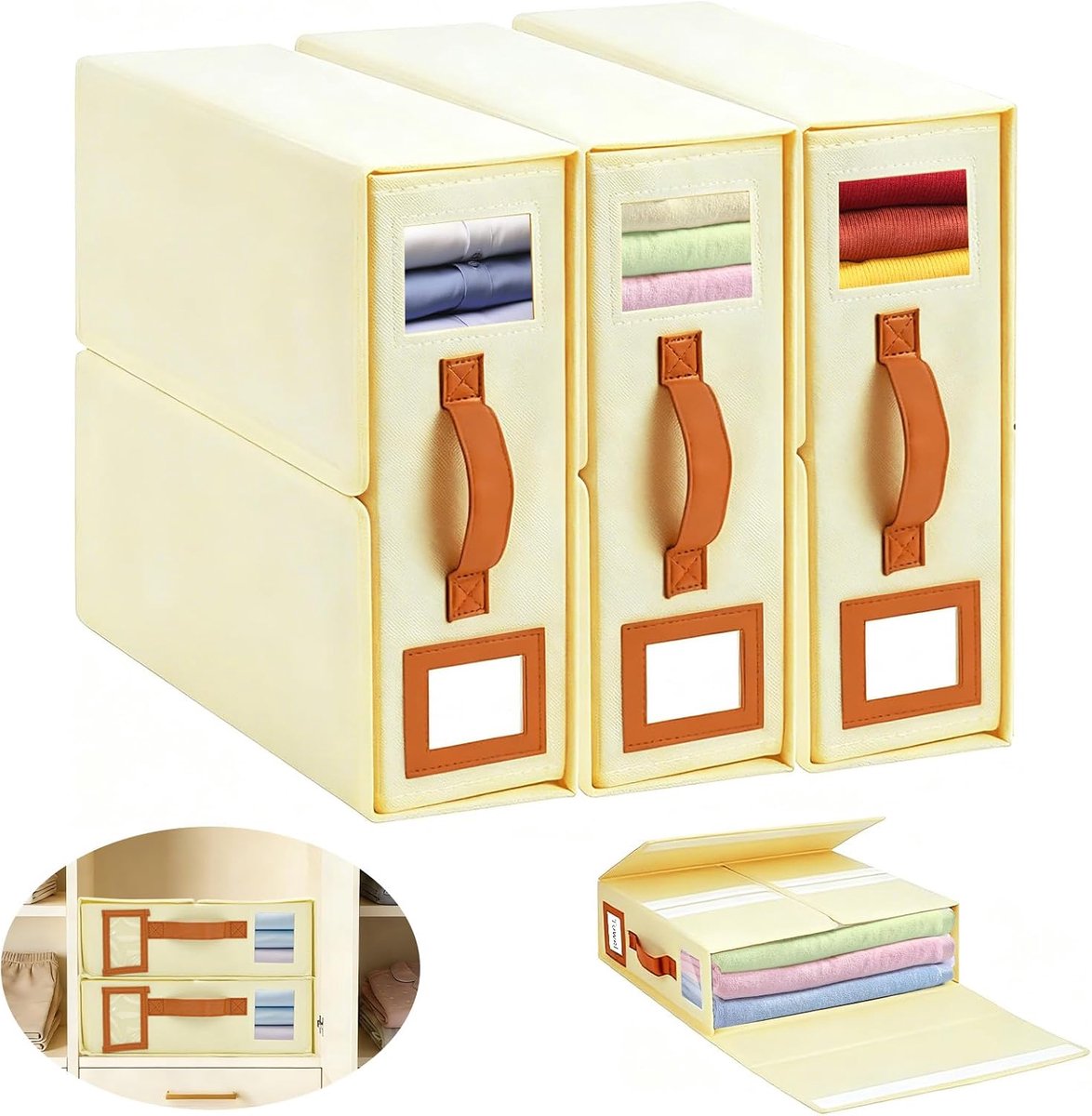 3 x bedlakenopslag, met venster en etiket en handvat, organizer voor beddengoed voor beddengoed, handdoeken, bedlade - ShopVlot