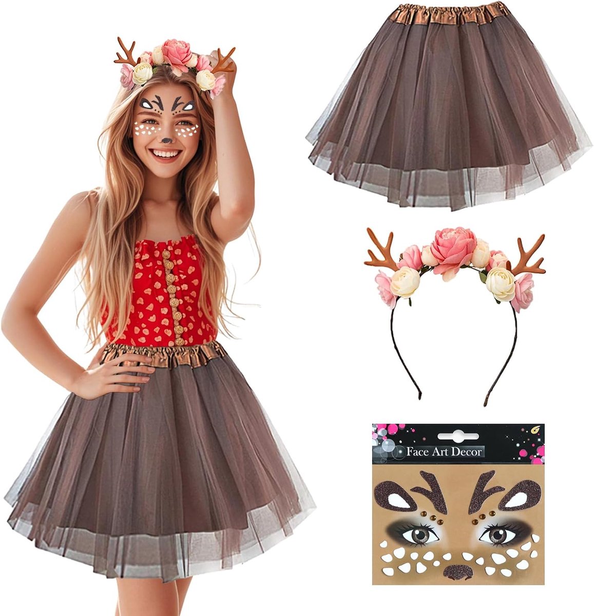 Women's Reindeer Costume Set, Reindeer Carnival Costume, Tulle Skirt, Coffee Skirt, Reindeer Face Tattoo, Reindeer - ShopVlot