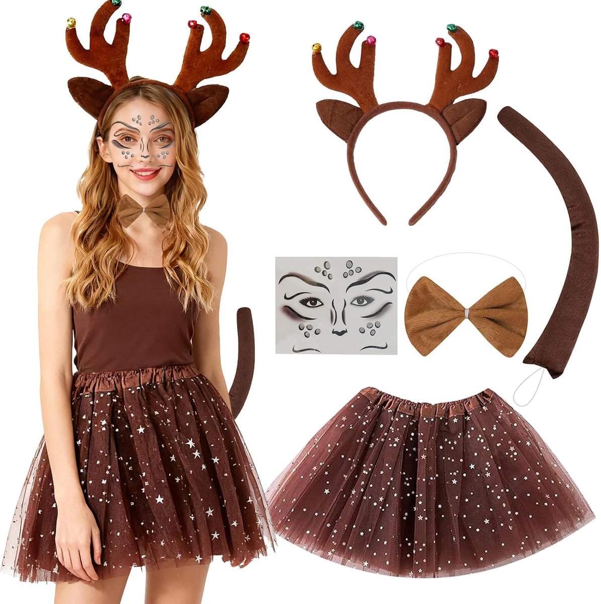 Pack of 5 Reindeer Costume Women's Reindeer Costume Reindeer Hair Band Tulle Skirt Temporary Tattoos Tail Butterfly - ShopVlot