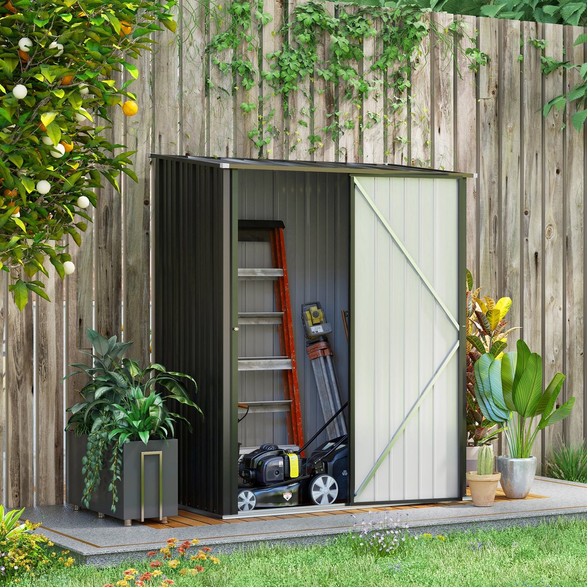 Gartenschuur Met Schuin Dak Afsluitbaar 161,5 X 94,5 X 196 Cm Verzinkt Staal Zwart Voor Tuingereedschap En Buitenopslag