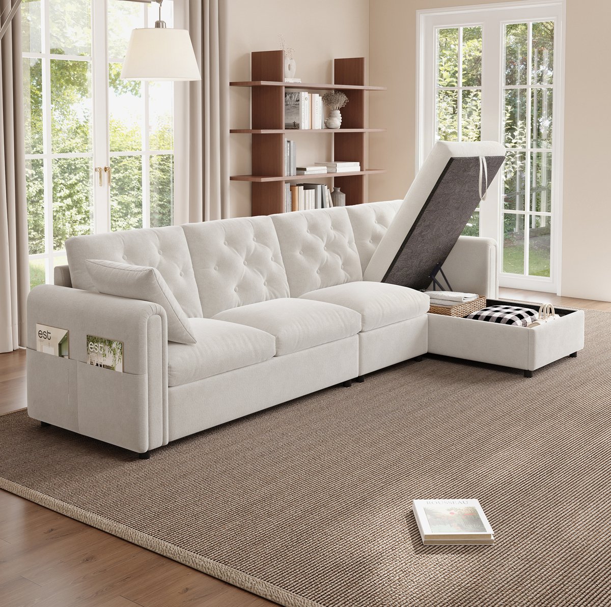 DESMIU Hoekbank 281 Cm - L Vormig Met Opbergruimte En Slaapfunctie - Voor Woonkamer En Lounge - Fluweel - Beige