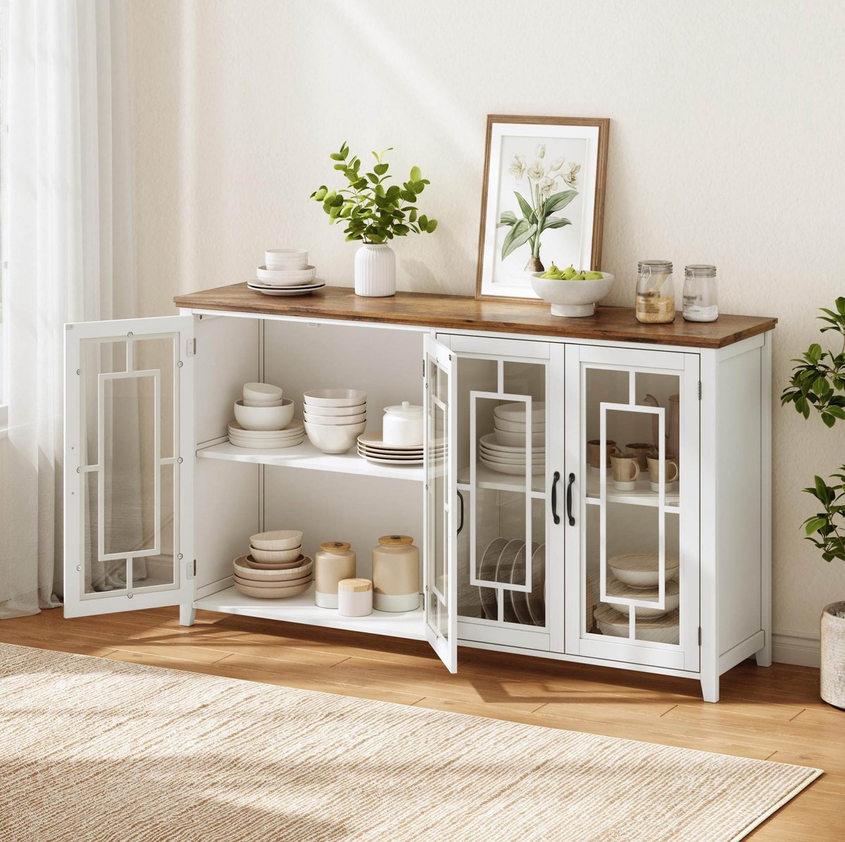 DESMIU Keukenkast - Glazen Deuren En Houtlook Blad - Moderne Opbergkast Voor Keuken, Eetkamer En Woonkamer - MDF - Wit - 160x40x86 Cm