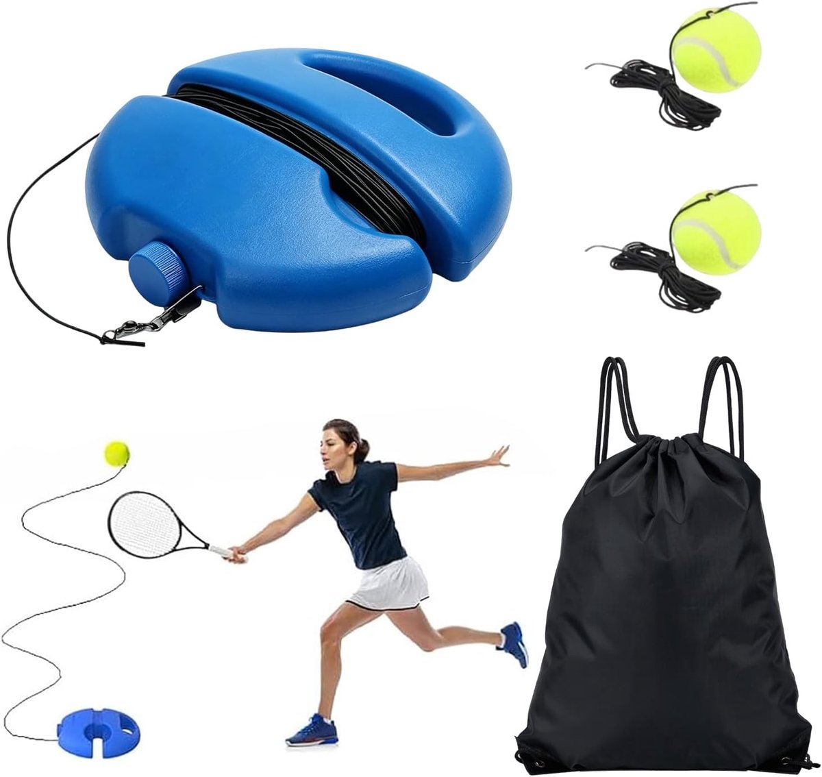 Tennistrainer set tennistrainer met 2 elastische ballen met touw trainer set met 1 zwarte opbergtas voor rugzak om te - ShopVlot