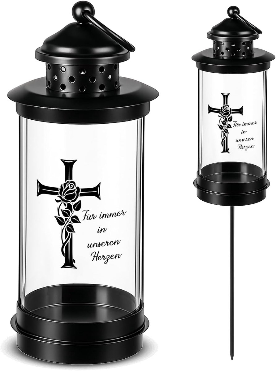 Nezyo Grave Lantern With Ground Spike Grave Lantern Cemetery Weatherproof With 2 Sheets Stickers(Kreuz,49.5cm) - ShopVlot