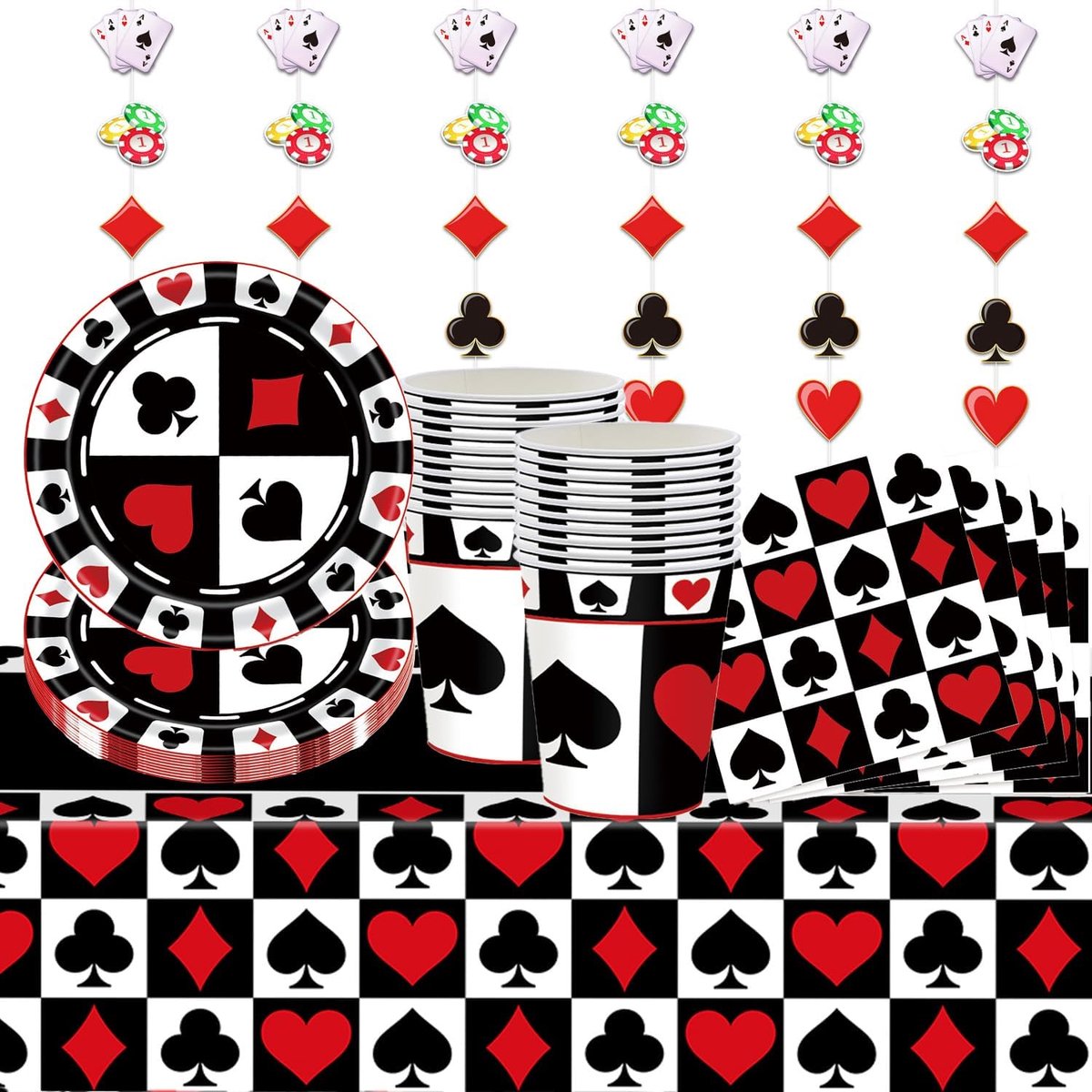 67pcs Poker Birthday Decorations - Poker Boards, Napkins, Cups, Tablecloths and Hanging Decorations for 20 Guests - ShopVlot