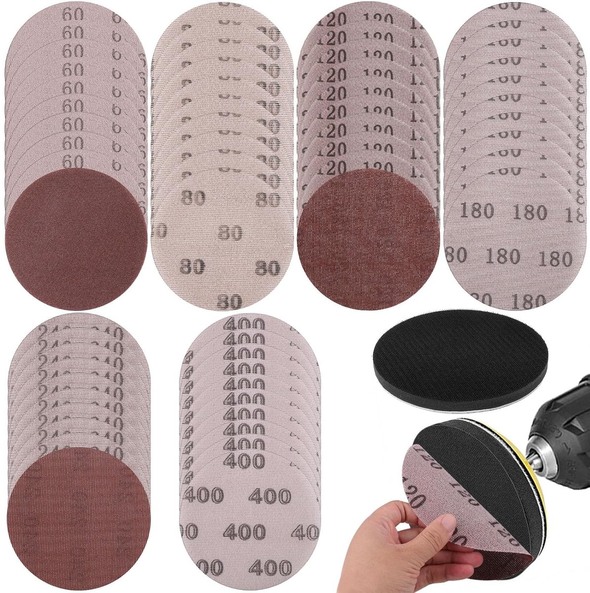 Sanding Grate, Pack of 60, Diameter 125 mm, Self-Adhesive with Sponge Interface Pad, Grit 60/80/120/180/240/400 - ShopVlot