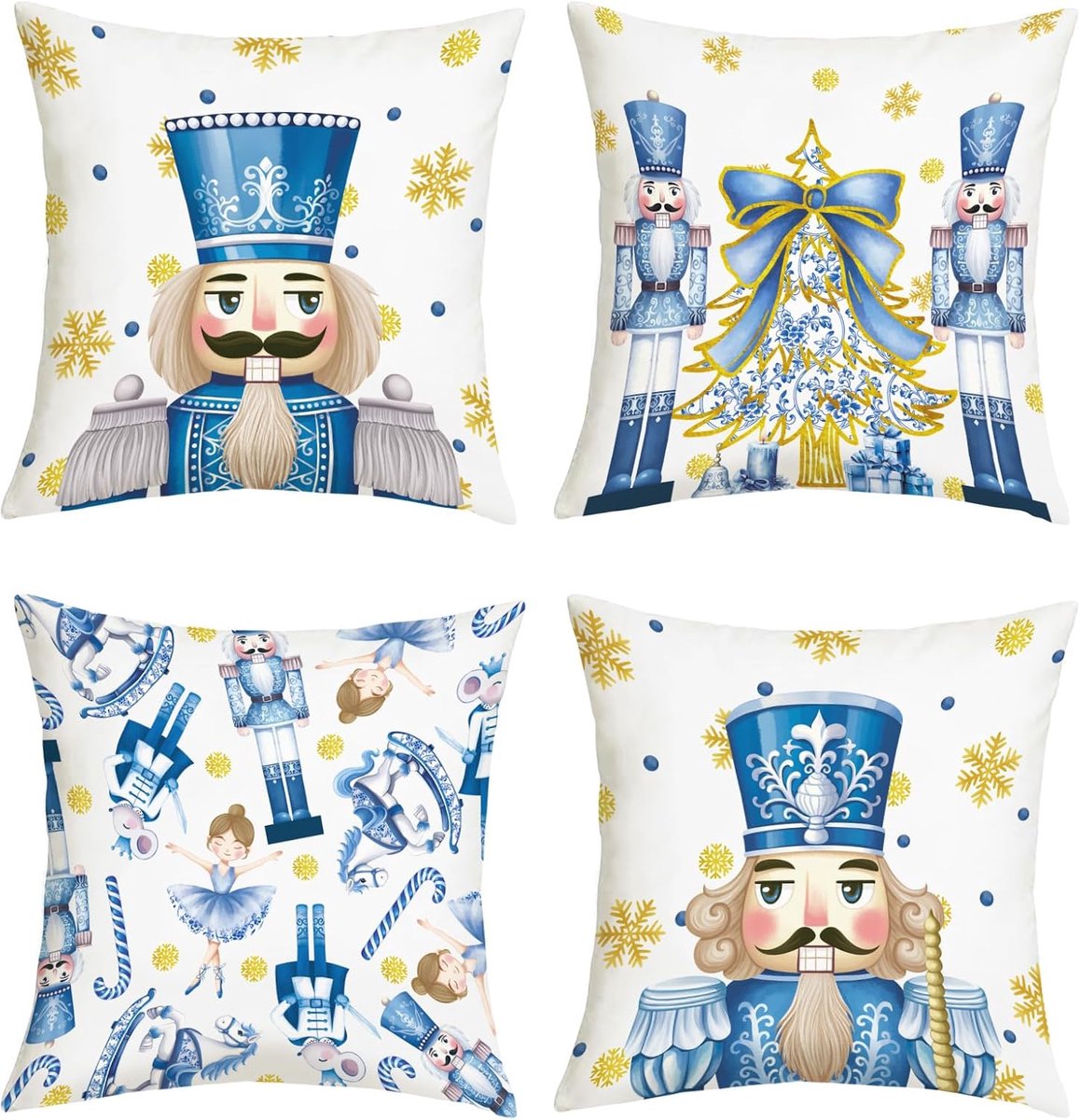 Joymasion Merry Christmas Blue Nutcracker Pillow Cases 45x45 Pack of 4 Nutcracker Soldier Snowflakes Christmas Tree - ShopVlot