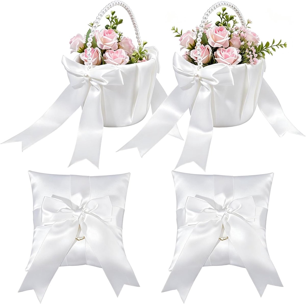 Set van 2 bloemenmeisjesmanden en ringkussen, schattige bloemenmanden met parelhandvat voor de bruiloft, ringkussen - ShopVlot