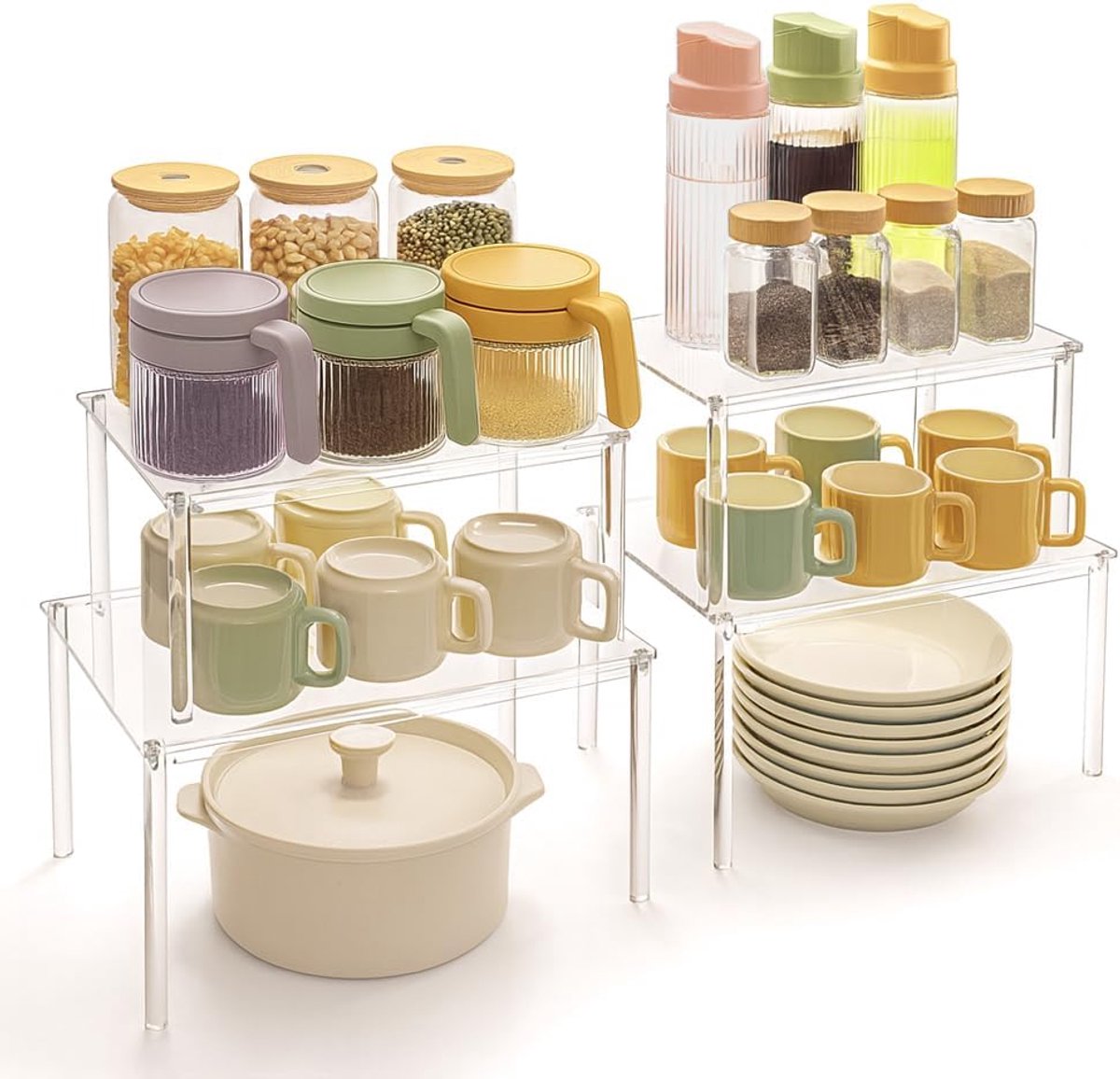 4 Pieces Transparent Kitchen Organiser, Stackable Shelf Set as Cabinet Organiser and Shelf Insert for Worktop and - ShopVlot