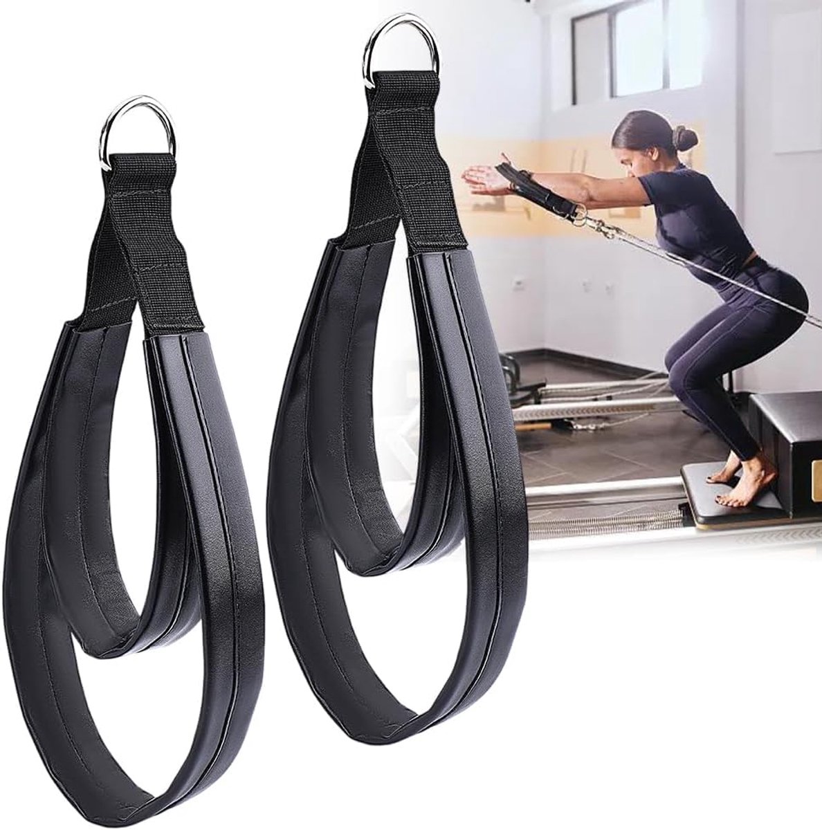 2 Pairs of PU Leather Pilates Belts, Double Buckle Handles with D-Ring, Black Training Belts, Comfortable and Padded - ShopVlot