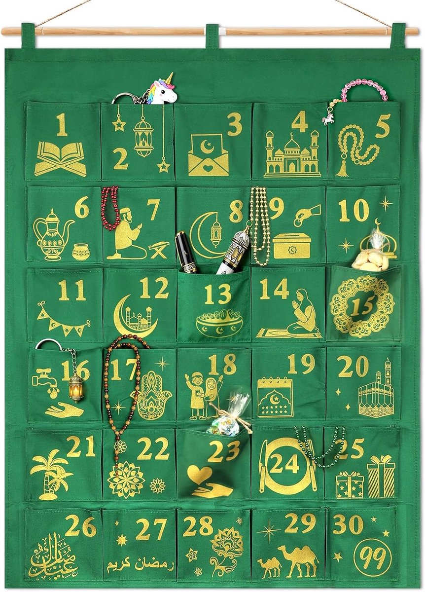 DPKOW Ramadan Calendar with Glitter Fabric for Filling Yourself Advent Calendar for Hanging DIY Gifts Glitter Green - ShopVlot