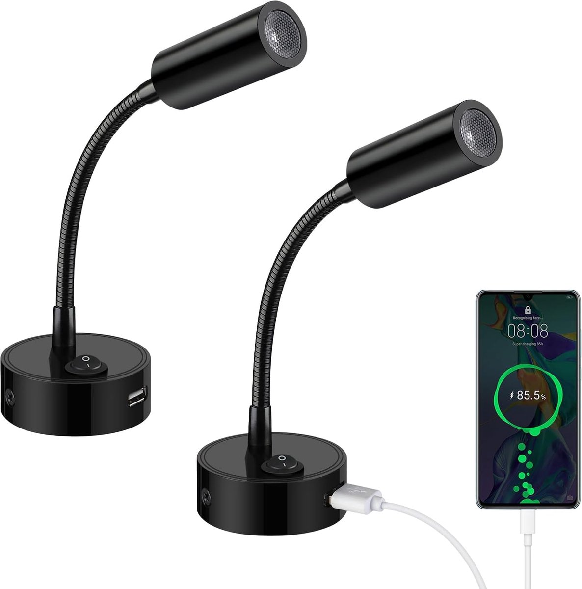 ERWEY Pack of 2 LED Reading Lights 12V for Motorhome with Flexible Gooseneck and USB Charging Port, 3000K, Warm White - ShopVlot