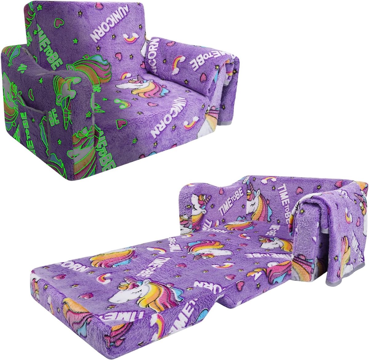 Opvouwbare Kinderbank - 2-in-1 Sofa Bed - Paarse Eenhoorn - Perfect voor Kinderkamer - ShopVlot