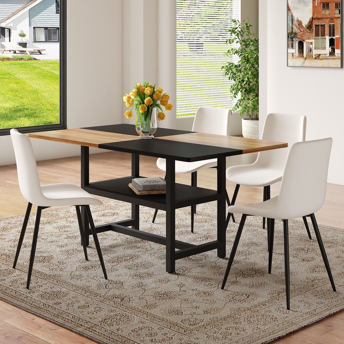 COVREO Eettafelset 160x90x76 cm wit zwart, MDF metaal, 4 stoelen opbergvak