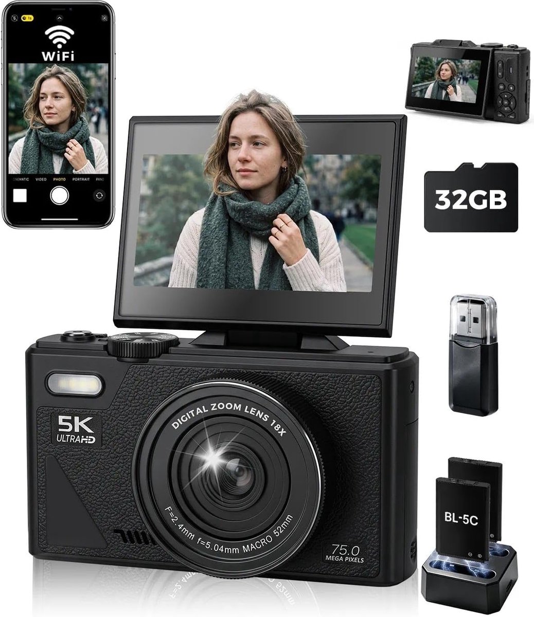 Digitale camera 5K 75MP - Compact met 3" Flip-Scherm - Autofocus en 18X Zoom - Ideaal voor tieners - ShopVlot