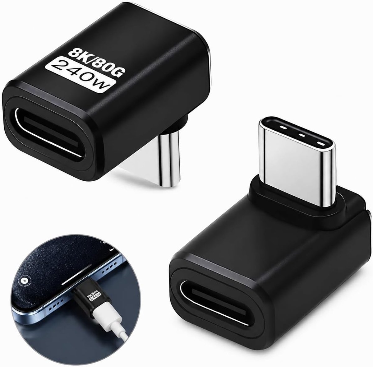 USB C 90 graden adapter 2 stuks - 240 W USB 4 type C - 40 Gbps snelheid - ruimtebesparend ontwerp - ShopVlot