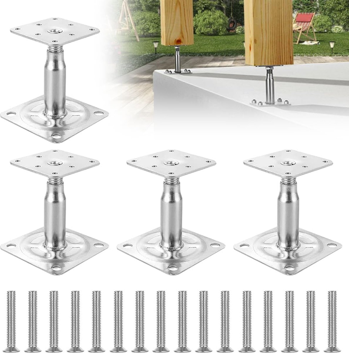 Poststeunen 100-130 mm - hoogte verstelbaar - 4 stuks met schroeven - ideaal voor stevig bevestigen - ShopVlot