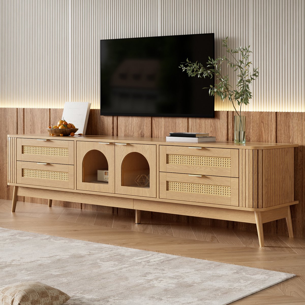 DESMIU TV Meubel - 4 Lades 2 Deuren Met Veiligheidsglas En Ledverlichting - Voor Woonkamer En Tv Hoek - Spaanplaat - Naturel - 180x40x50 Cm