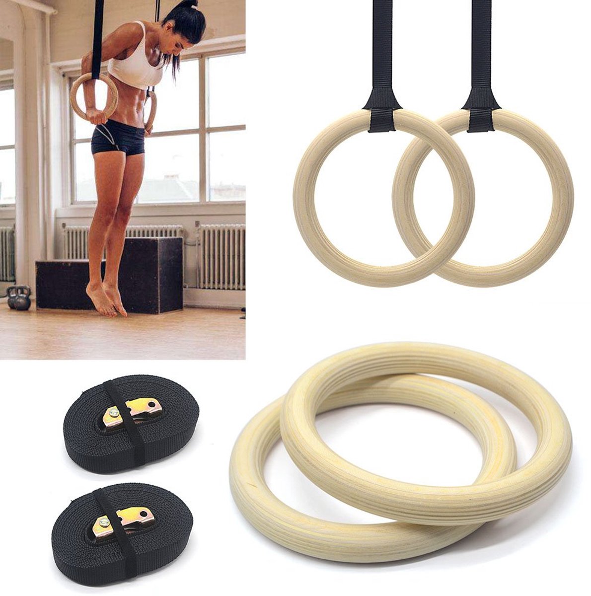 Houten Turnringen Set - Verstelbare Gymnastiek Ringen voor Krachttraining en Crossfit - Olympische Trainingsringen met Duurzame Riemen - Fitness Accessoire voor Spieropbouw, Mobiliteit en Functionele Training