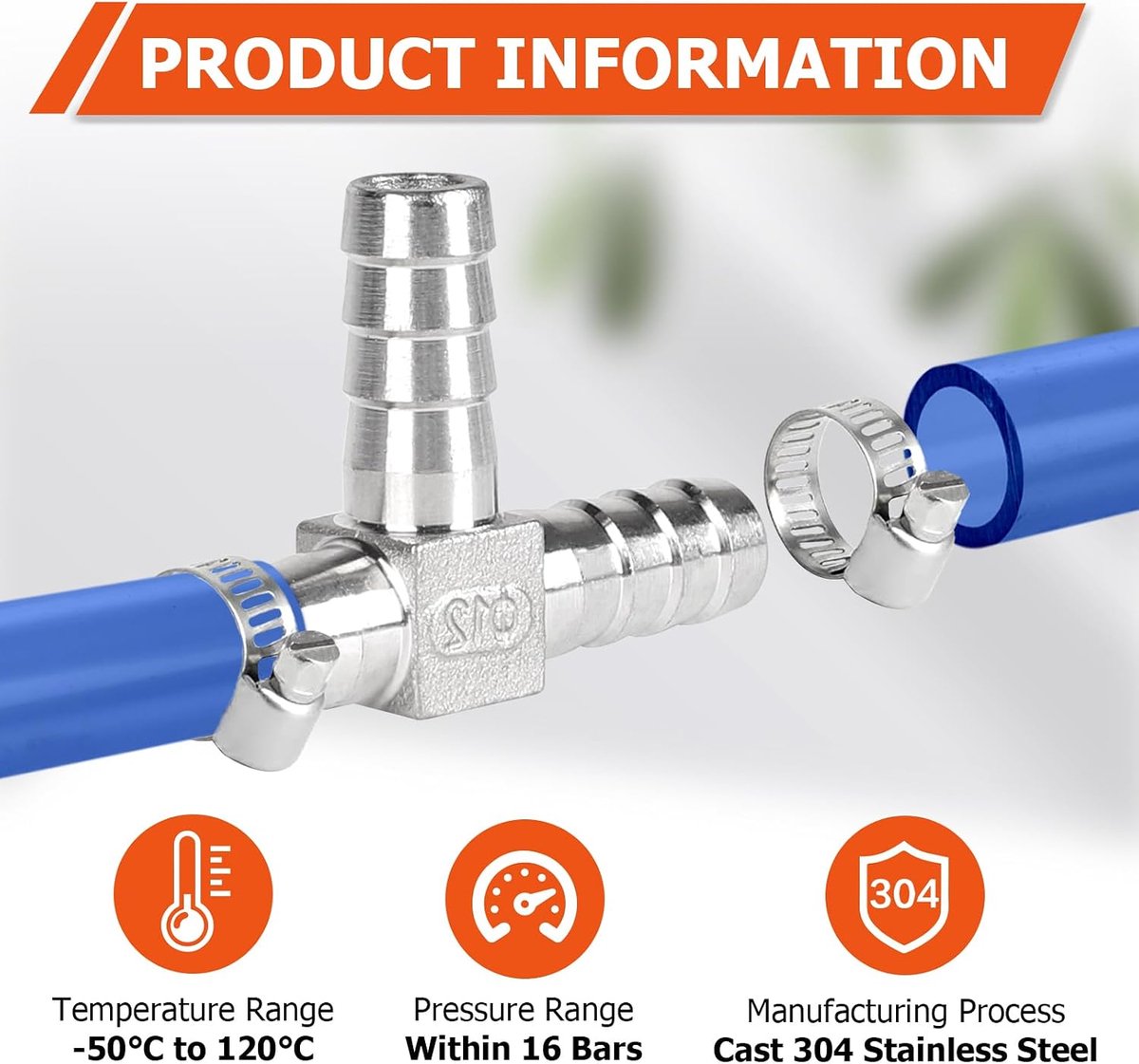 T-stuk slangconnector 12 mm - drieweg SUS 304 - met 9 klemmen - ideaal voor lucht en water - ShopVlot