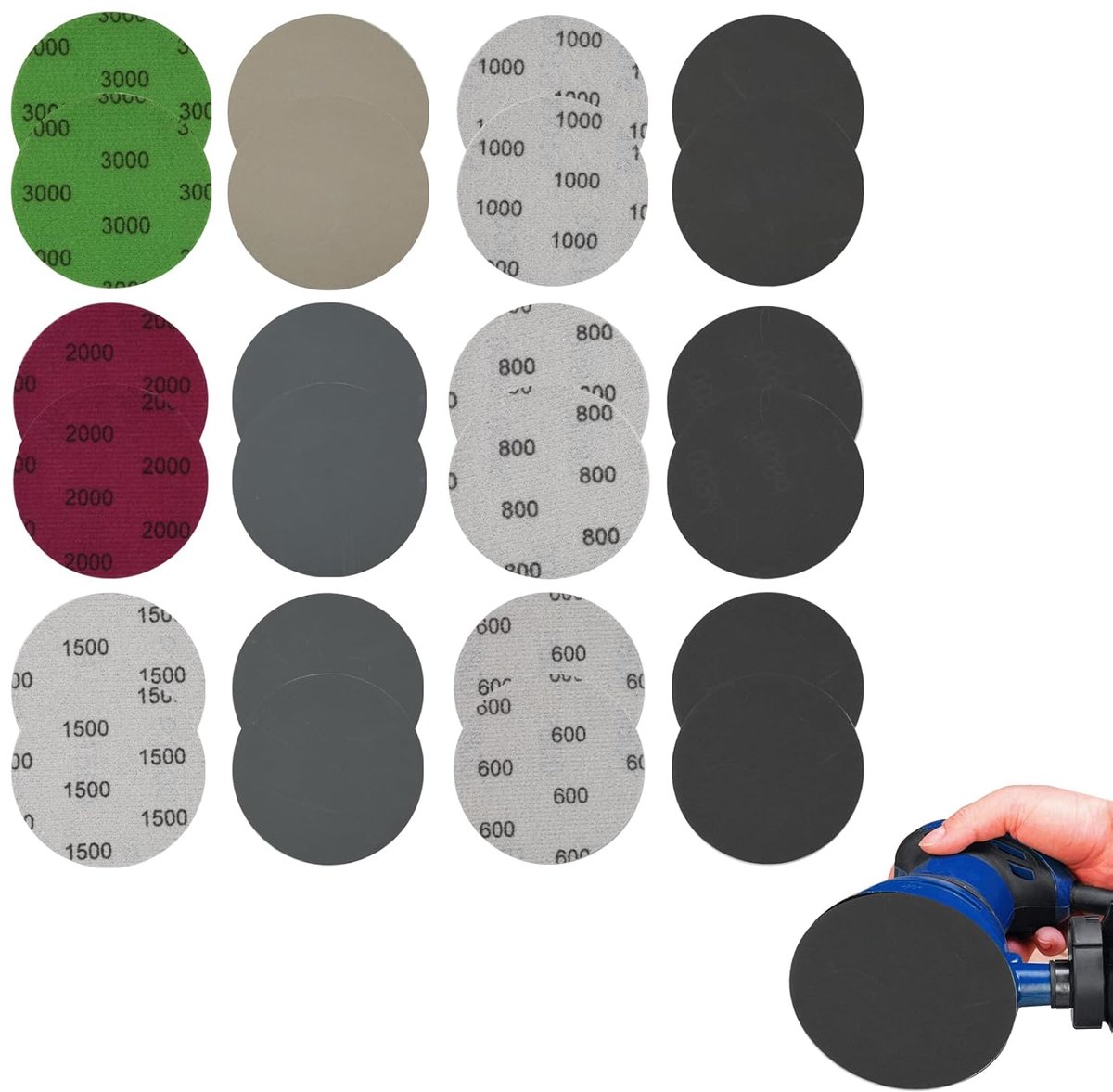 Schuurpads 24 stuks, 75 mm - Verschillende korrelgroottes 600 tot 3000 - Rond met 8 gaten - Ideaal voor hout en metaal - ShopVlot