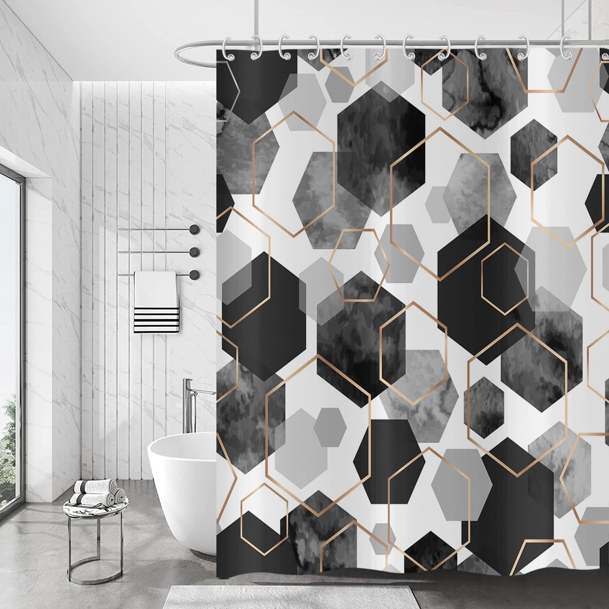 Douchegordijn zwart 180x200cm - modern geometrisch hexagonaal - waterproof polyester - veilig en comfortabel - ShopVlot