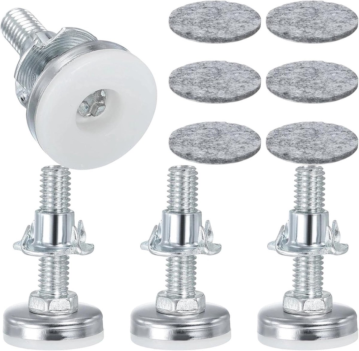 Verstelbare meubelpoten M10 × 38 mm - zilver en wit - met viltglijders - voor stabiele meubelnivellering - ShopVlot