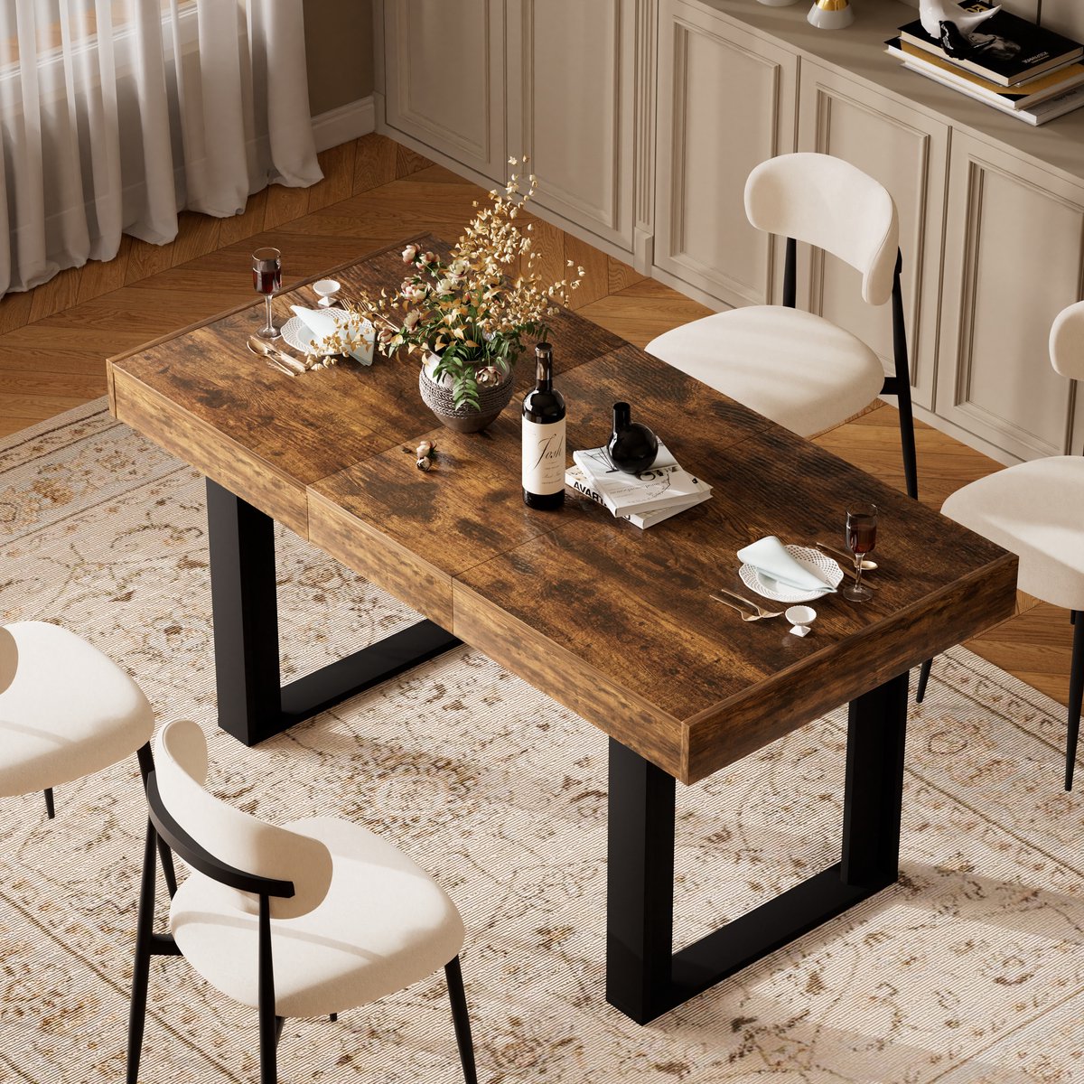 OKWISH Eettafel - Uitschuifbaar Van 120 Tot 160 cm - Voor 8 Personen - Retro Industriële Stijl - Spaanplaat - Bruin+Zwart