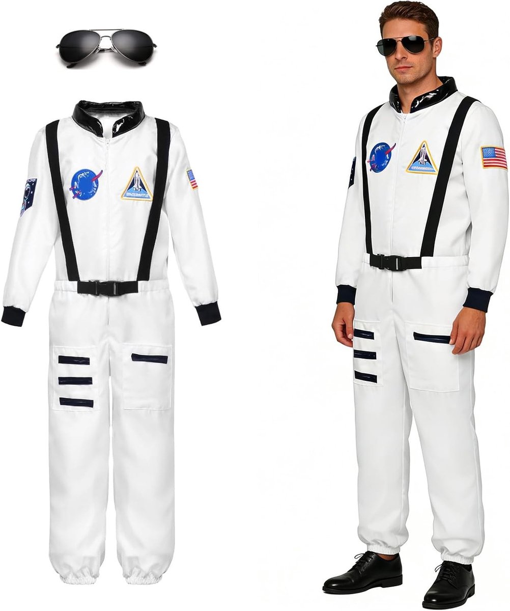 Volwassen astronauten kostuum voor carnaval met bril, borduursels en witte details - ruimte thema outfit