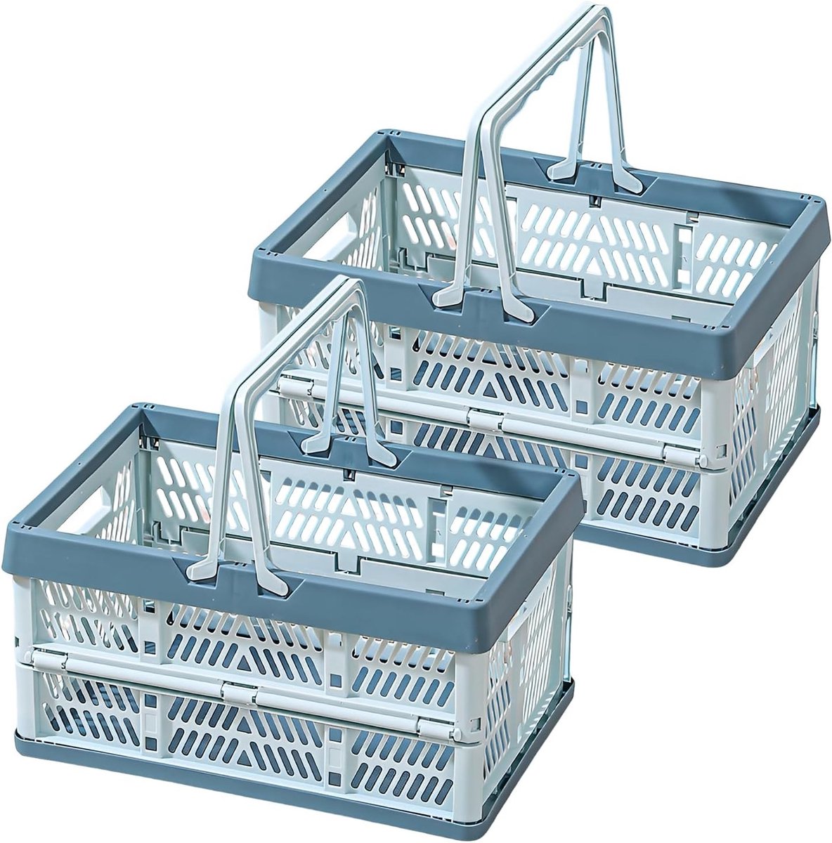 Inklapbare vouwbox 2 stuks, 20 liter, stabiele kunststof opbergmanden voor boodschappen, picknick en wasgoed (blauw, 38,5 x 25 x 20 cm)