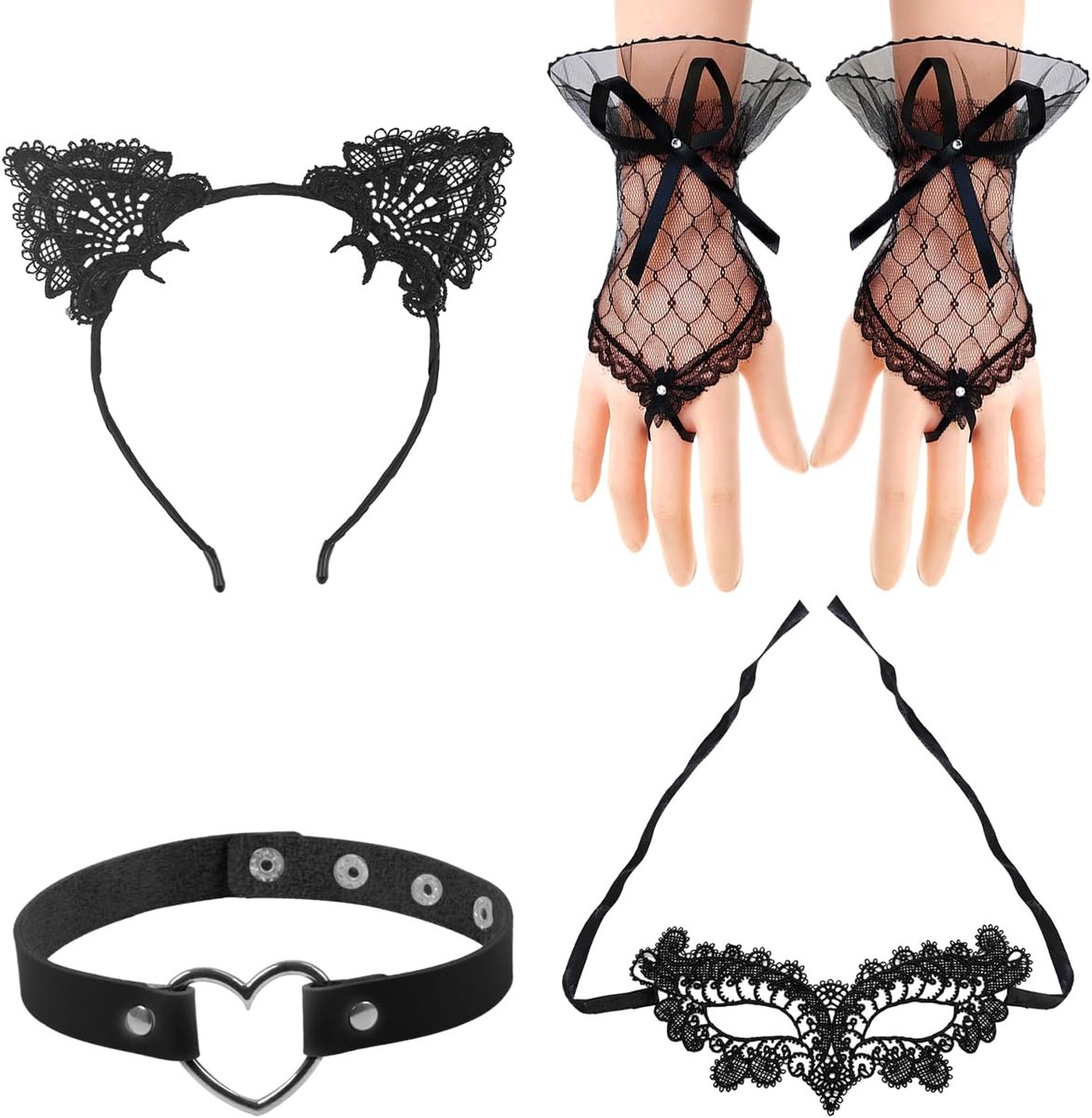 Halloween kostuum set - 4 delig zwart kattenkostuum - accessoires voor verkleedpartij - ShopVlot