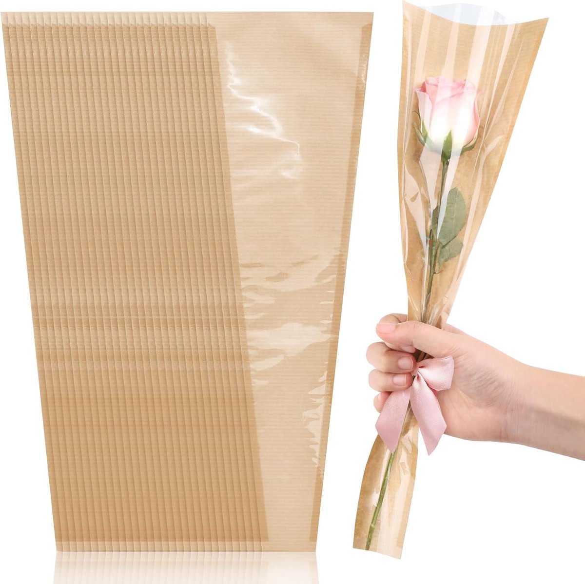 Papieren bloemenhoes 50 stuks - doorzichtige voorkant - bruin - perfect voor bloemenverpakkingen - ShopVlot