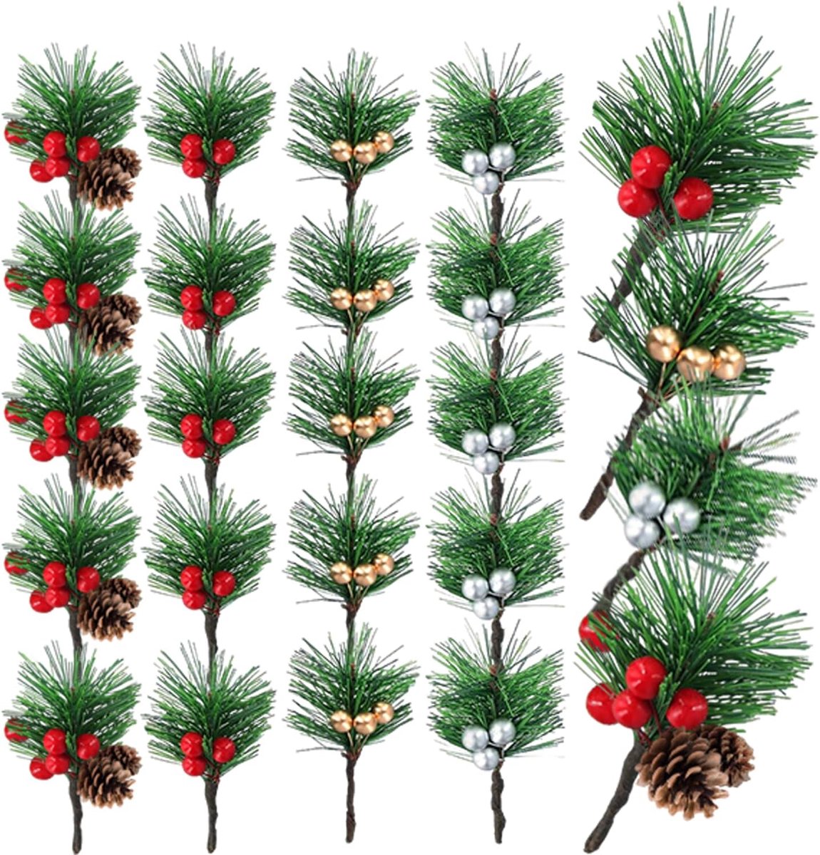 Kunstmatige den takken met bessen - Set van 20 - Hoogwaardige materialen - Perfect voor kerstdecoratie - ShopVlot