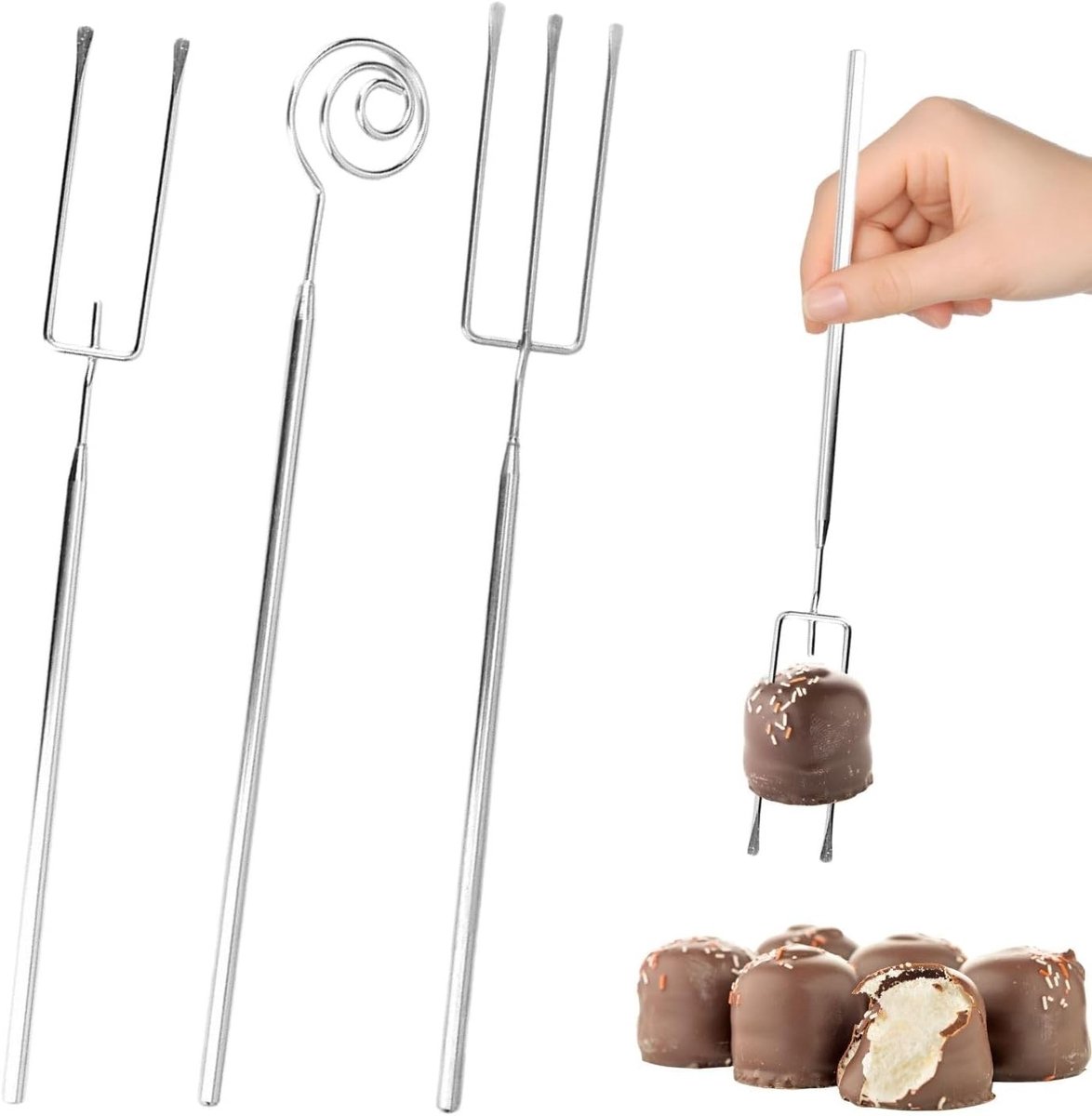 Set van 3 Professionele Chocoladevorken in Drie Ontwerpen voor DIY Chocolades, Dessertdecoratie en Fondue - Inclusief Twee-tand, Trident en Spiraalvorm