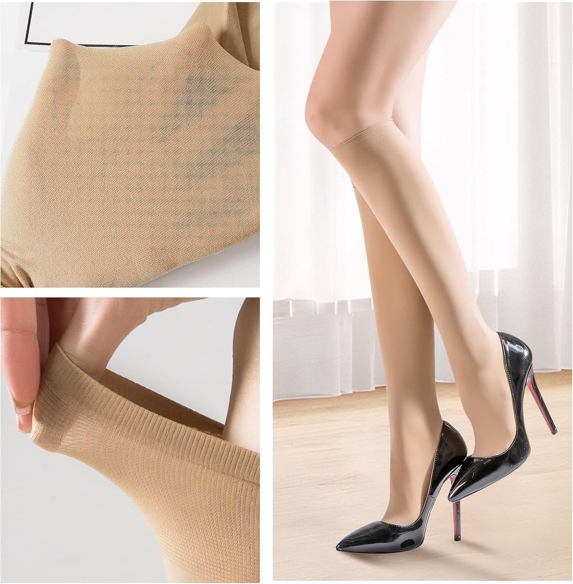 16 Paar Dames Kniekousen, Transparante Nylon Kousen in Huidkleur en Zwart, Perfect voor Elke Gelegenheid, One Size, Comfortabel en Ademend