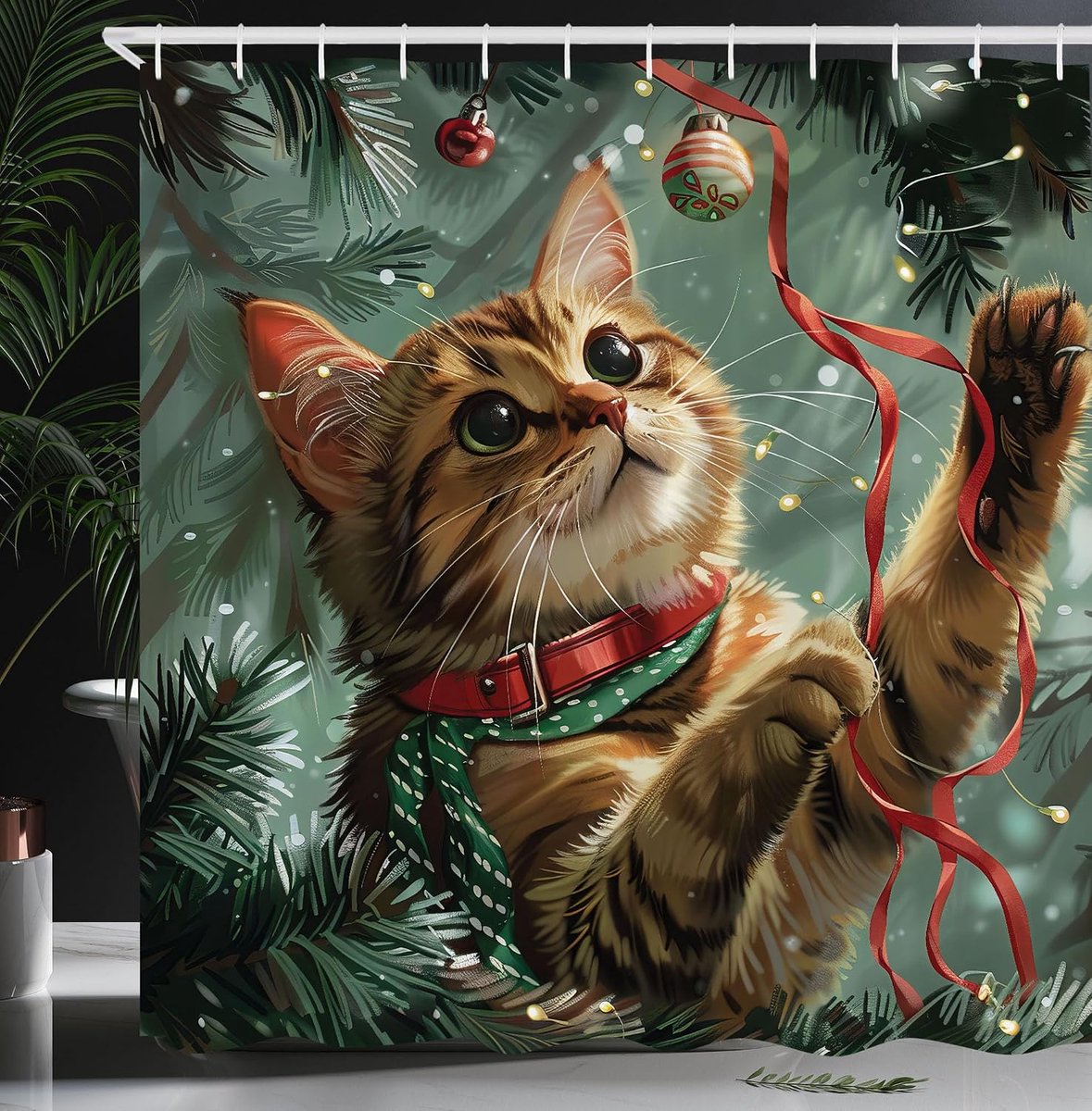 ABAKUHAUS Christmas Shower Curtain, Christmas Mood Kitten and Tree, Fabric Fabric Bathroom Decoration Set with Hooks - ShopVlot