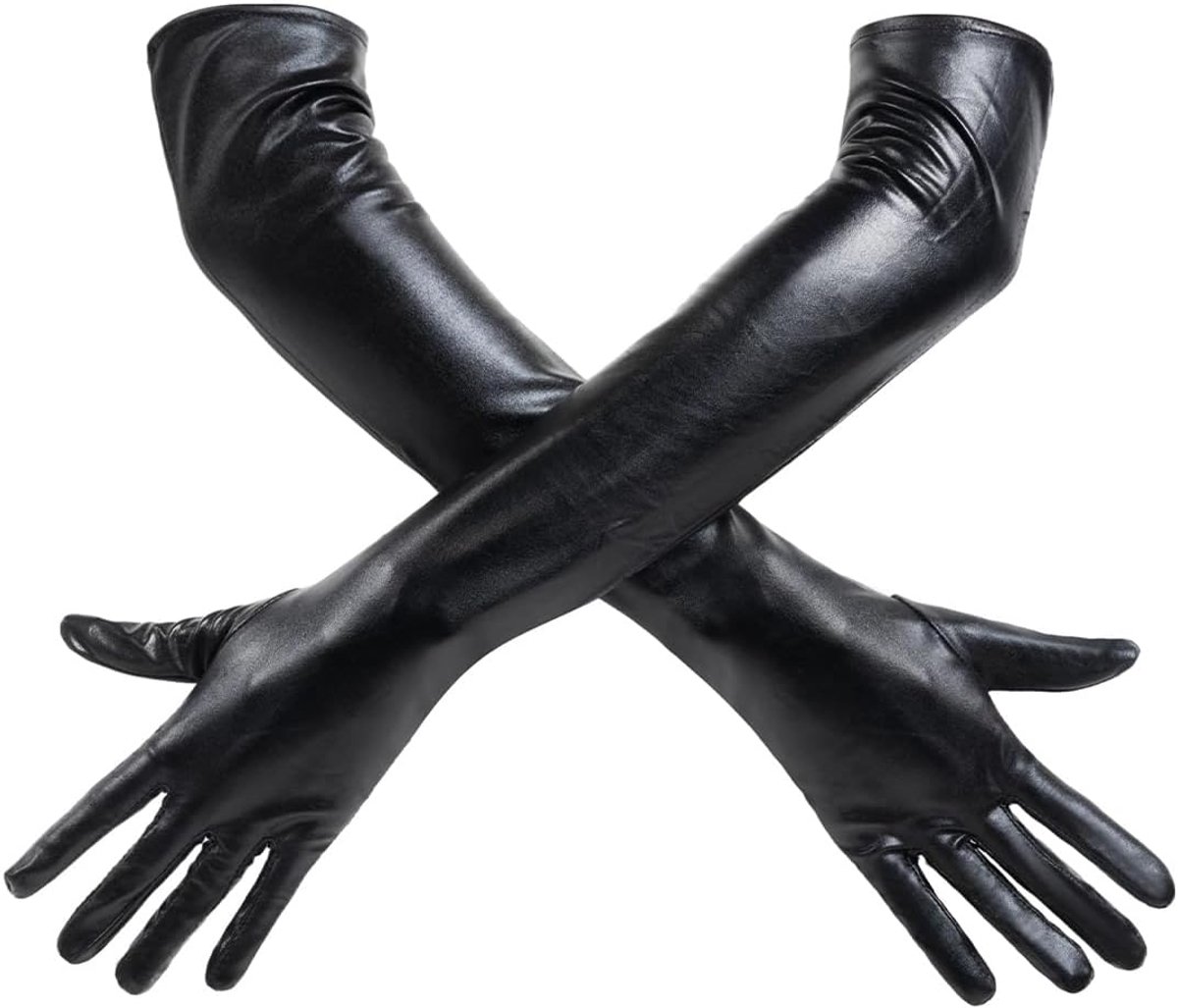 Vrouwen handschoenen 50 cm - glanzend zwart - leerlook - sexy uitstraling voor feesten - ShopVlot