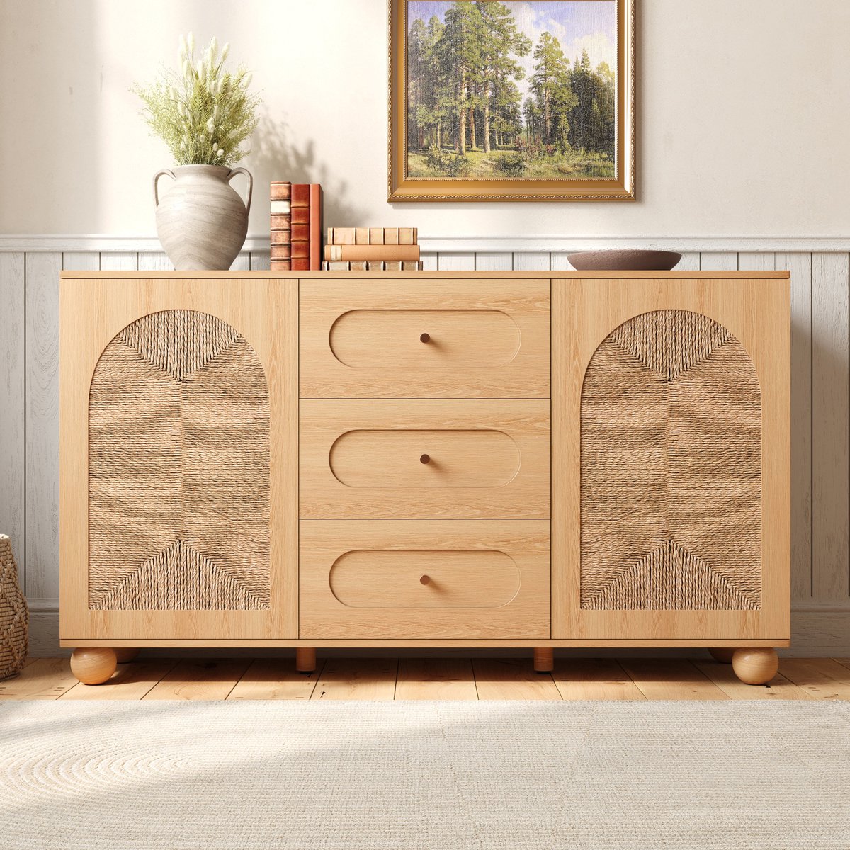 DESMIU Dressoir Met Opengewerkte Touwdeuren En 3 Lades Voor Hal, Woonkamer En Eetkamer, Spaanplaat En MDF, Naturel, 140x40x80 Cm