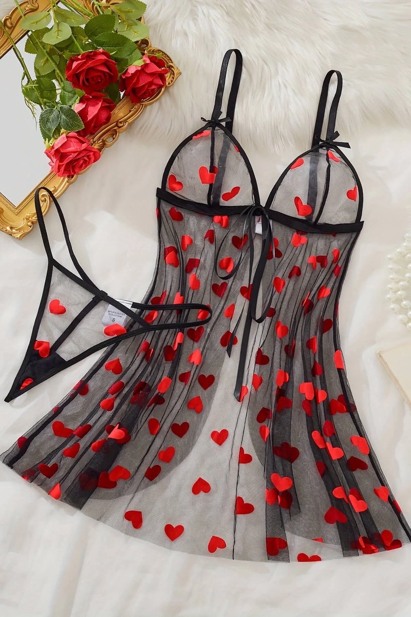 Zwarte transparante tule babydoll nachtjapon met hartdessin voor dames in maat S M L XL