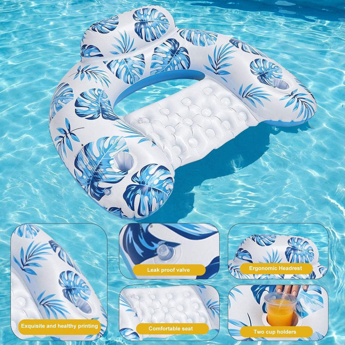 Solidchoice - Opblaasbaar Zwembadmatras voor Volwassenen - Water Hammock met Rugleuning en Drinkhouders