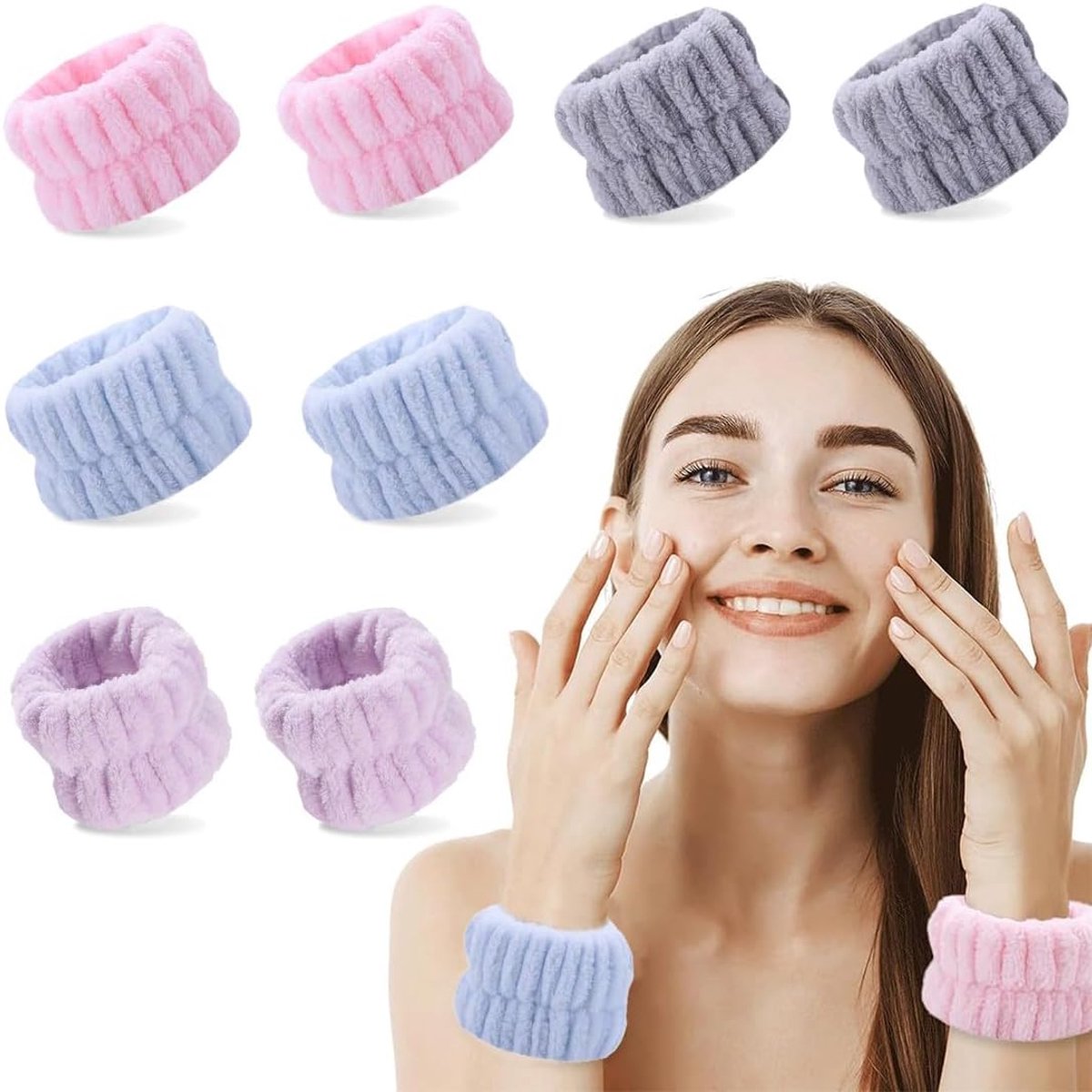 Gezichtsreinigingsarmbanden 4 paar - Koraalfleece - Elastisch en absorberend - Ideaal voor make-up en spa - ShopVlot