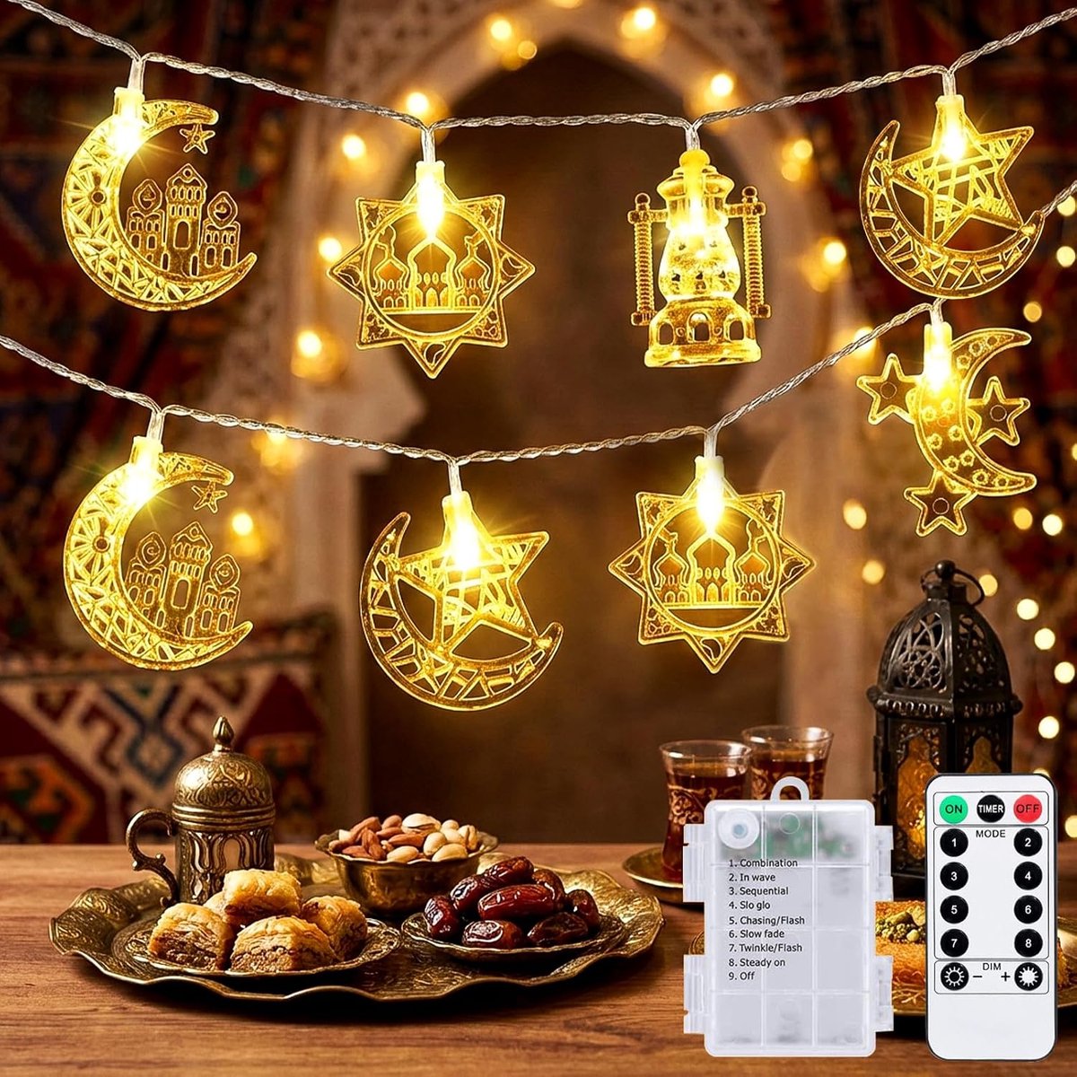 Ramadan-lichtketting voor binnen, 3 + 0,3 m, 20 leds, warmwit, 8 modi, lichtketting op batterij met islamitische - ShopVlot