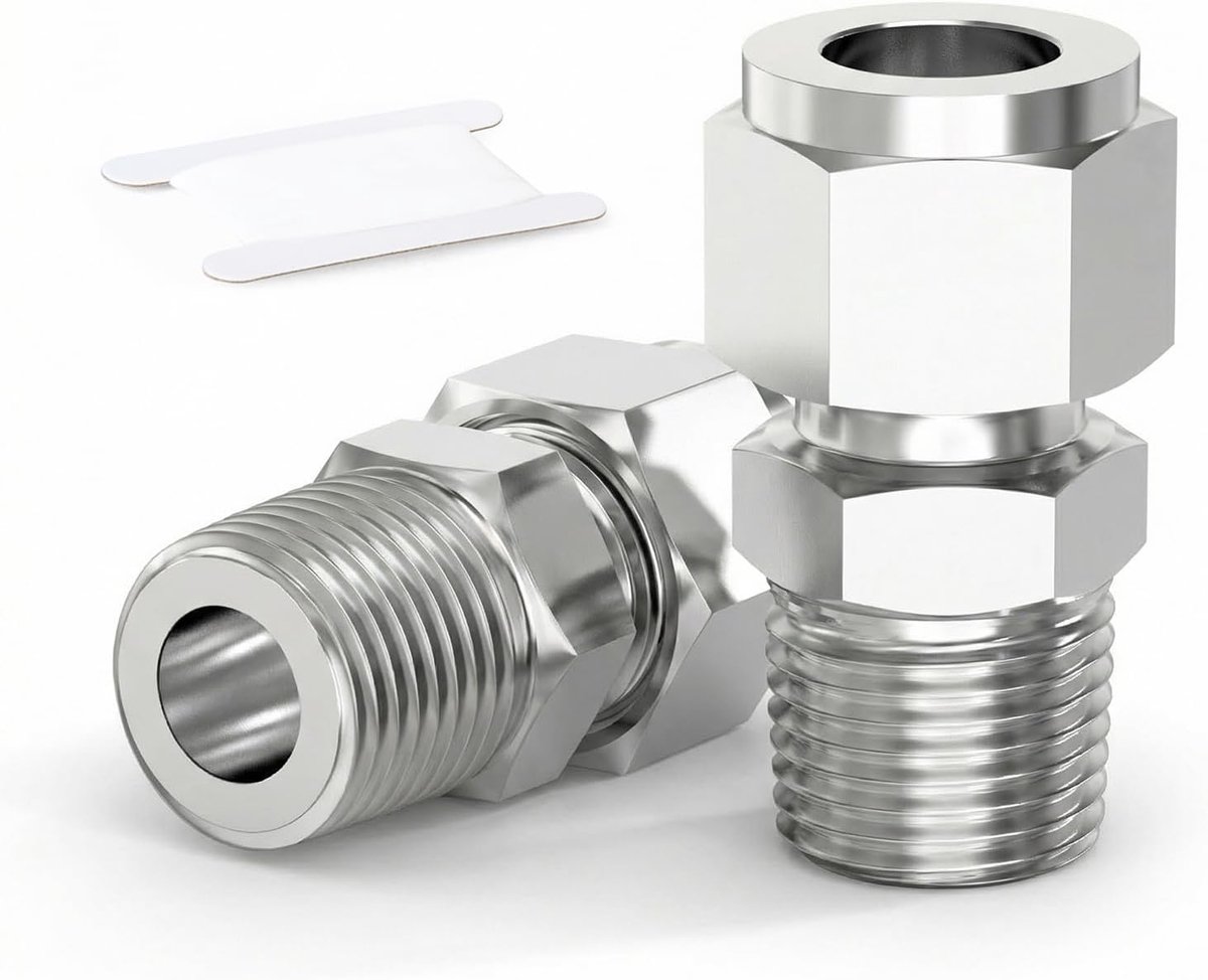 2pcs 304 Stainless Steel Compression Fitting, 16mm Tube OD x 1/2" BSP Male Straight Connector, Hydraulic/Pneumatic - ShopVlot