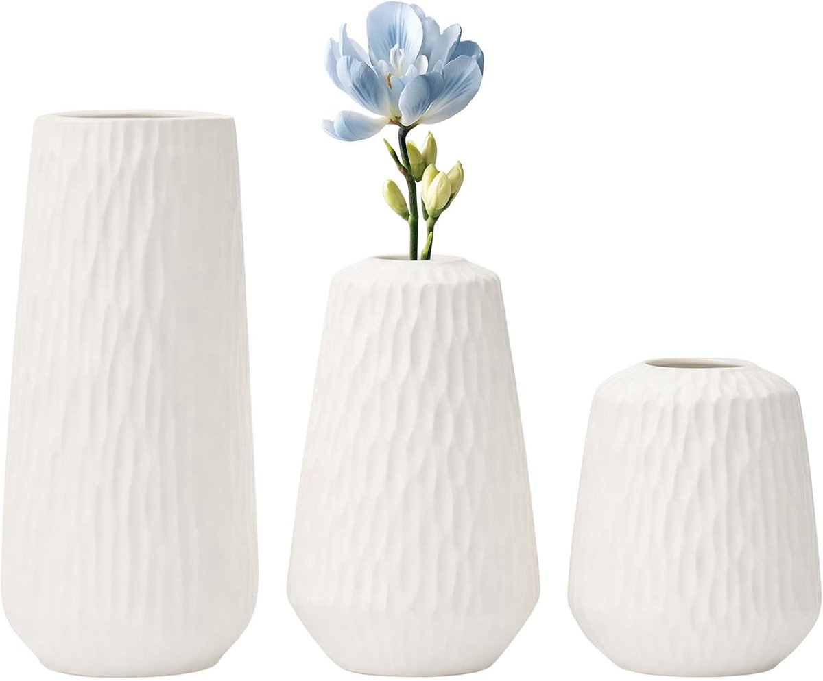 Set van 3 keramische vazen, wit, moderne decoratieve vazen voor pampasgras en bloemen, vaas voor woonkamer, decoratie - ShopVlot