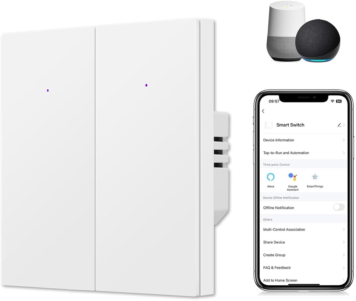 CNBINGO Smart Light Switch, Flush-Mounted White, Dual WiFi Wall Switch, Works with Alexa, Google Assistant, Wi-Fi - ShopVlot