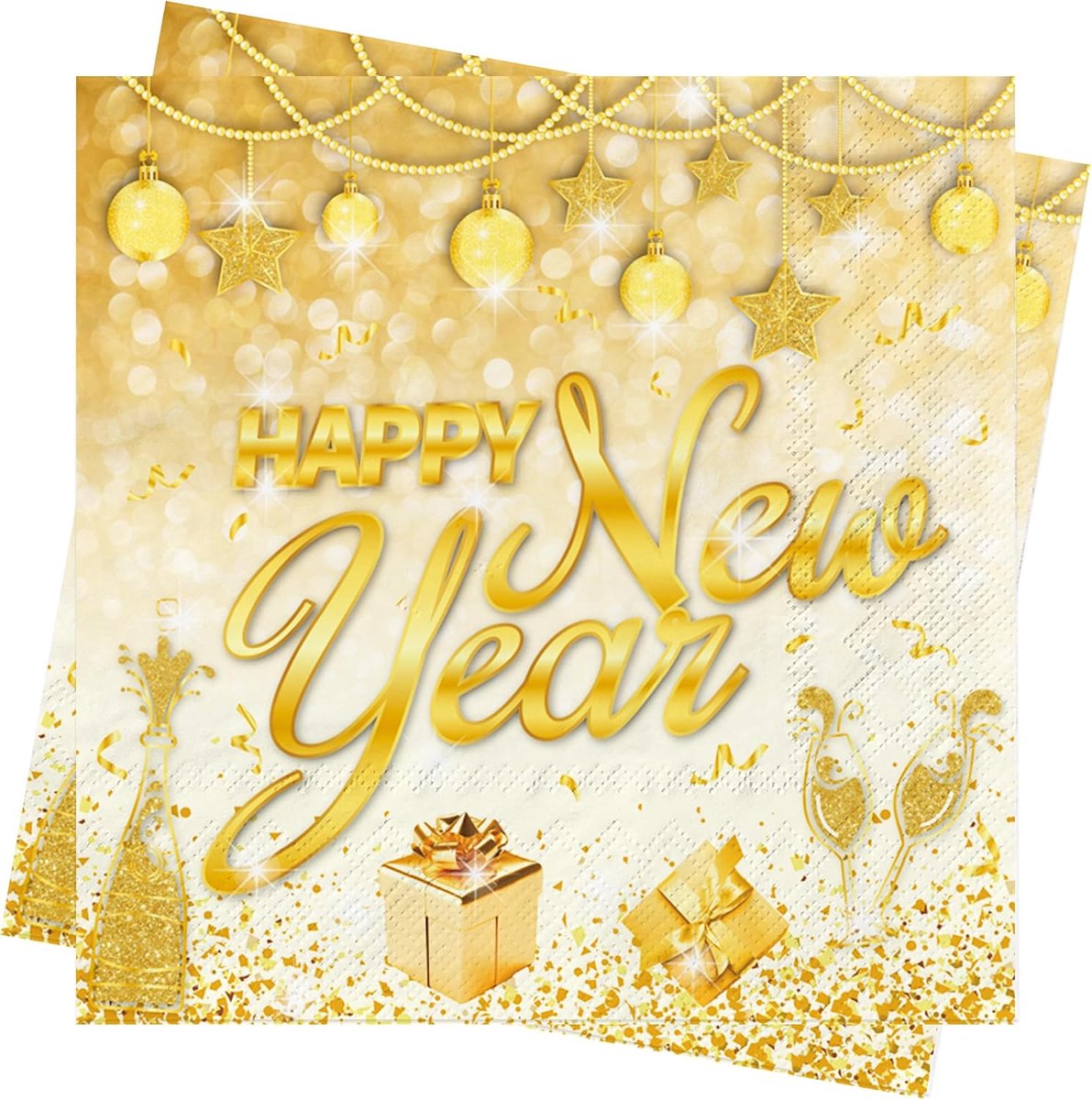 Oudejaarsavond tissueservetten, gouden sterren glanzend ontwerp, 33 x 33 cm, feesttafeldecoraties (40 stuks) - ShopVlot