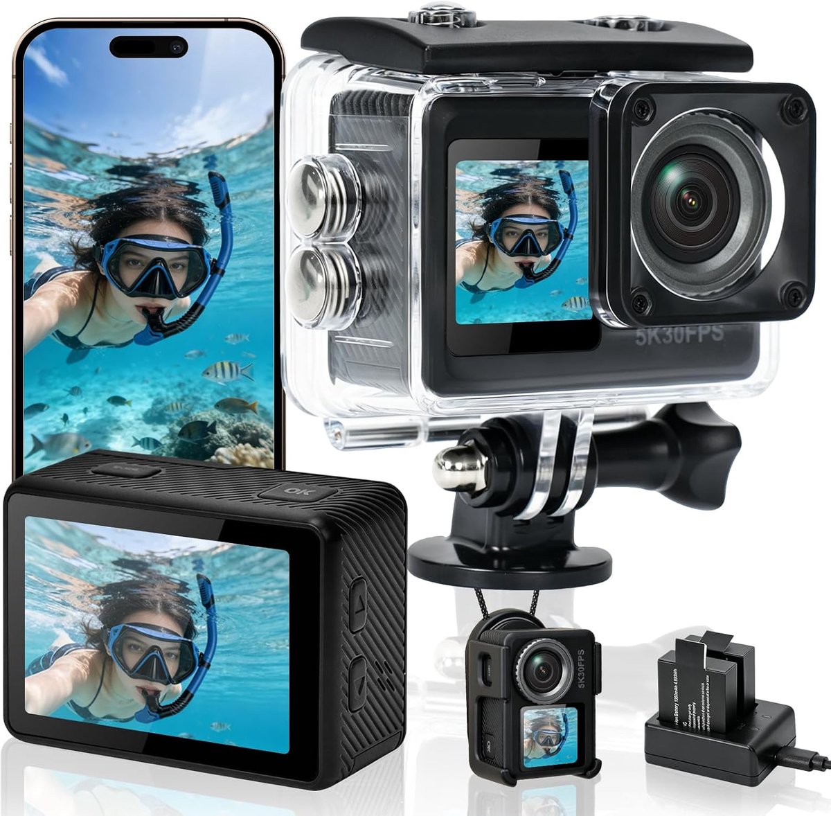 AIKER Sportcamera, versie Pro Camera Vlog ondersteuning 5k30fps foto 64MP/3.0EIS/zeer lange batterijduur/groothoek - ShopVlot
