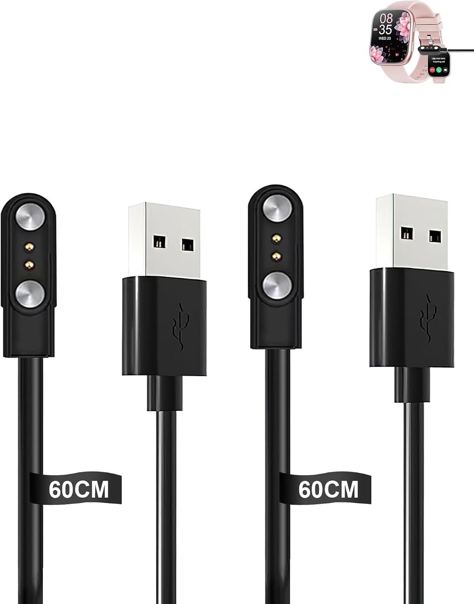 (2 stuks) kabel voor Mingtawn T8 smartwatch, 1,83 inch, yystao stabiele magnetische USB-oplaadkabel compatibel met - ShopVlot